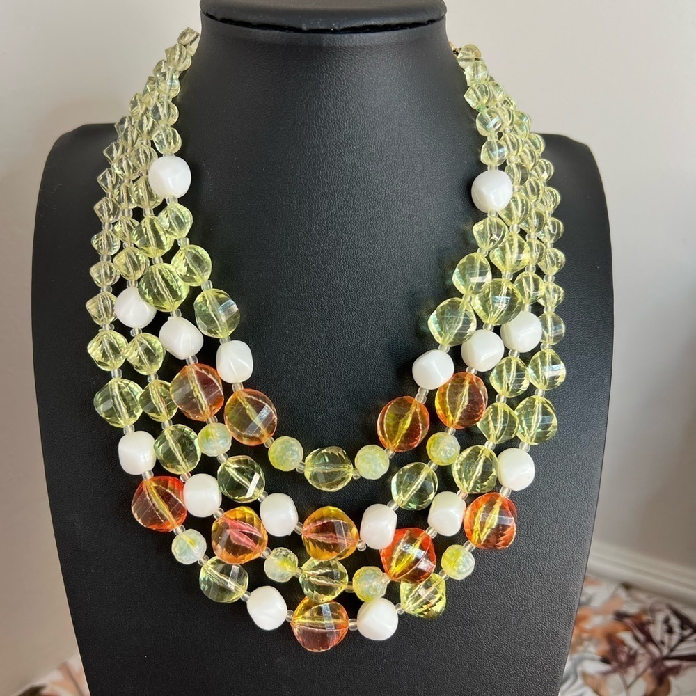 Vtg W Germany Four Strand Yellow & Orange Acrylic Necklace w/Hook Clasp 17” D9